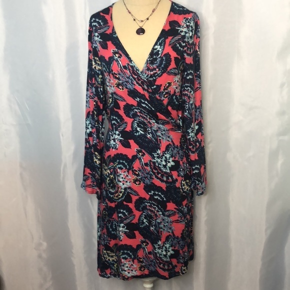 ROXY WOMENS FLORAL PRINT PINK/BLUE LONG SLEEVE WRAP DRESS SIZE S - Picture 4 of 15